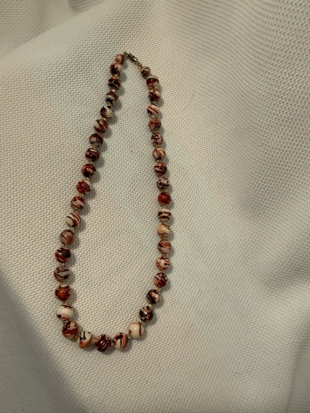 Multicolor Bead Necklace - Cream & Red Swirl with gold toned spacers